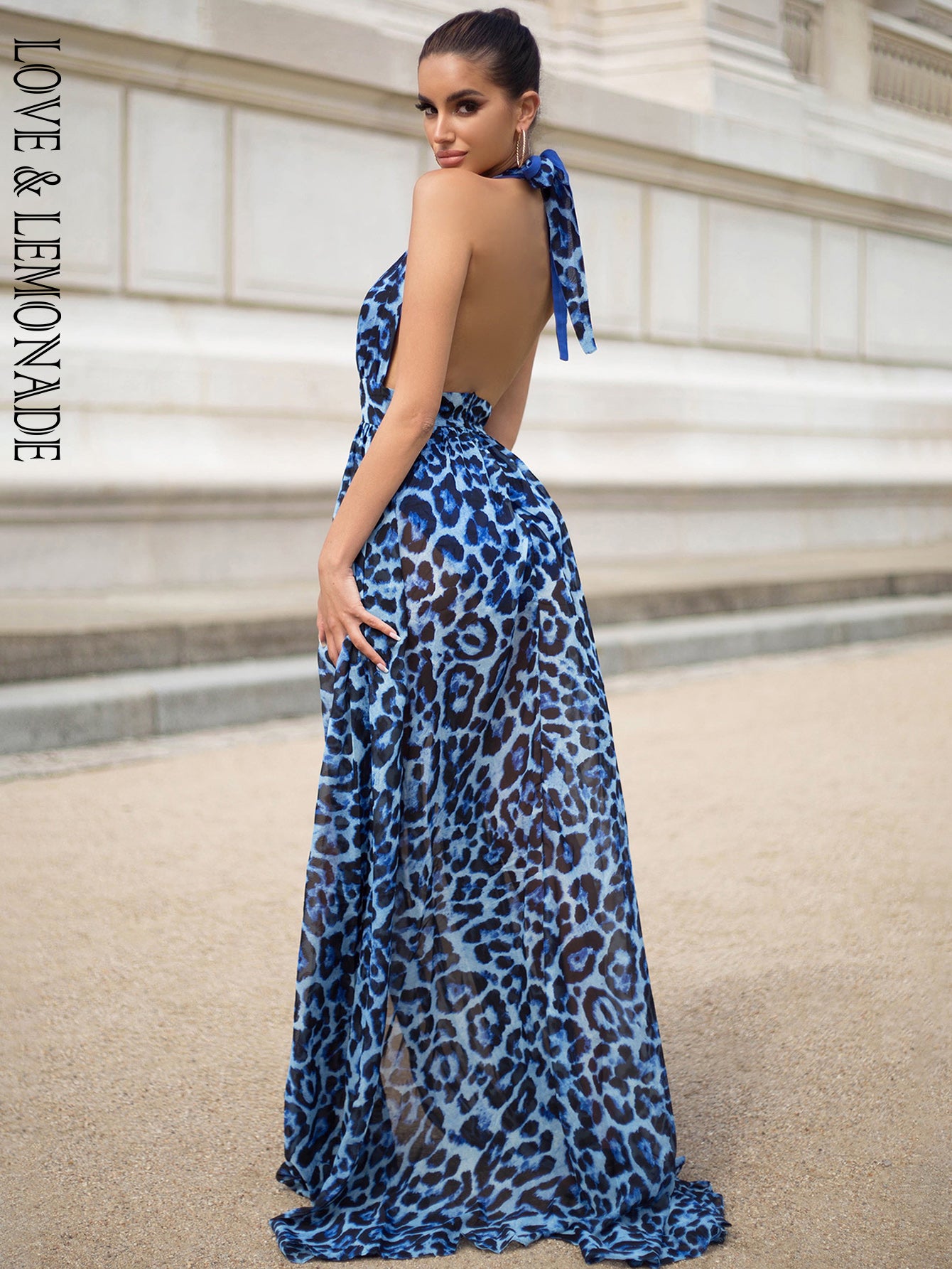 LOVE&amp;LEMONADE Sexy Blue V-Neck Open Back Cut Out Leopard Chiffon Summer Long Dress  LM81049