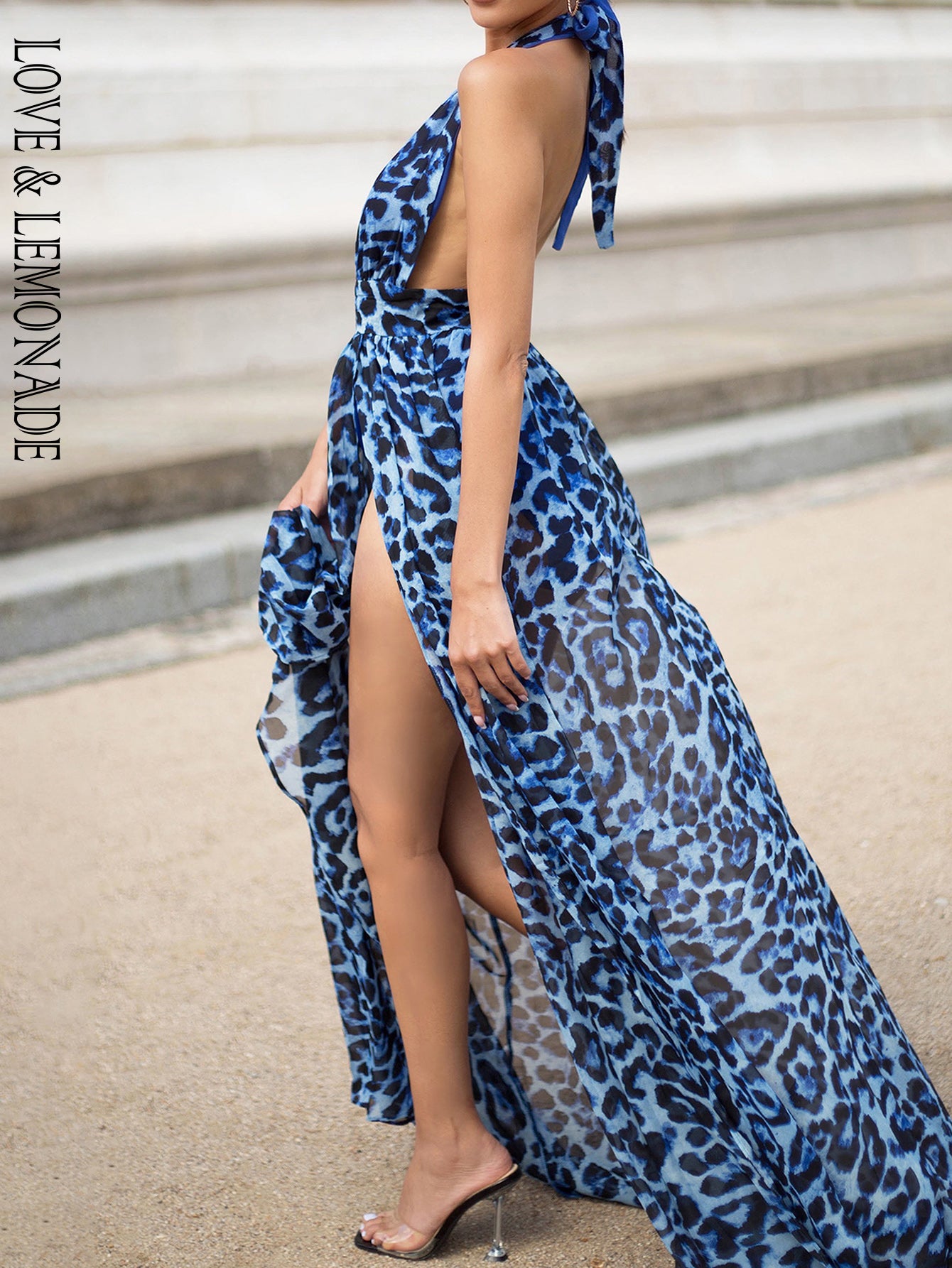 LOVE&amp;LEMONADE Sexy Blue V-Neck Open Back Cut Out Leopard Chiffon Summer Long Dress  LM81049