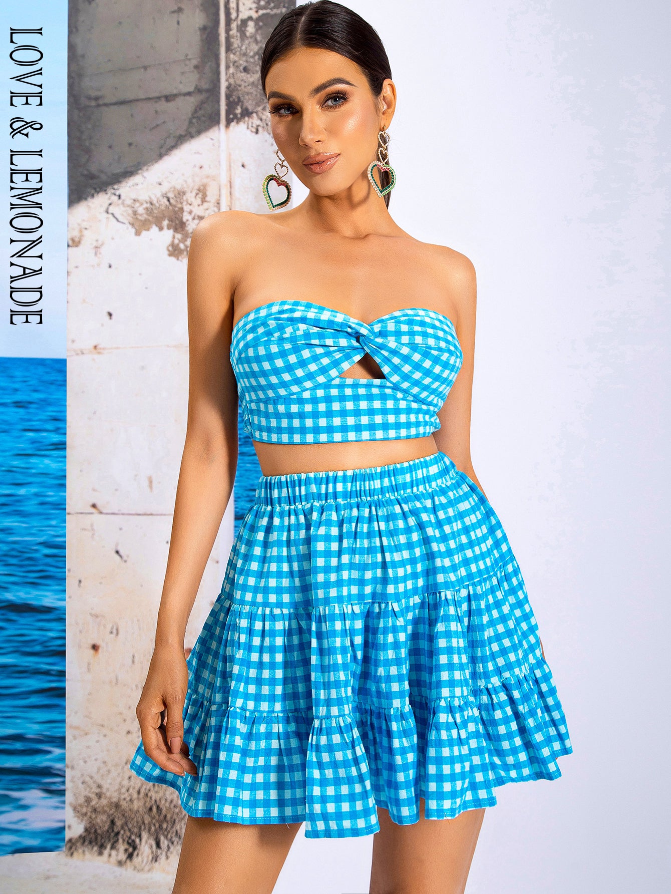 LOVE&amp;LEMONADE Sexy Blue Wrap Chest Open Back Plaid Party Mini Two-Piece Set WT/S03725-1 SKY BLUE