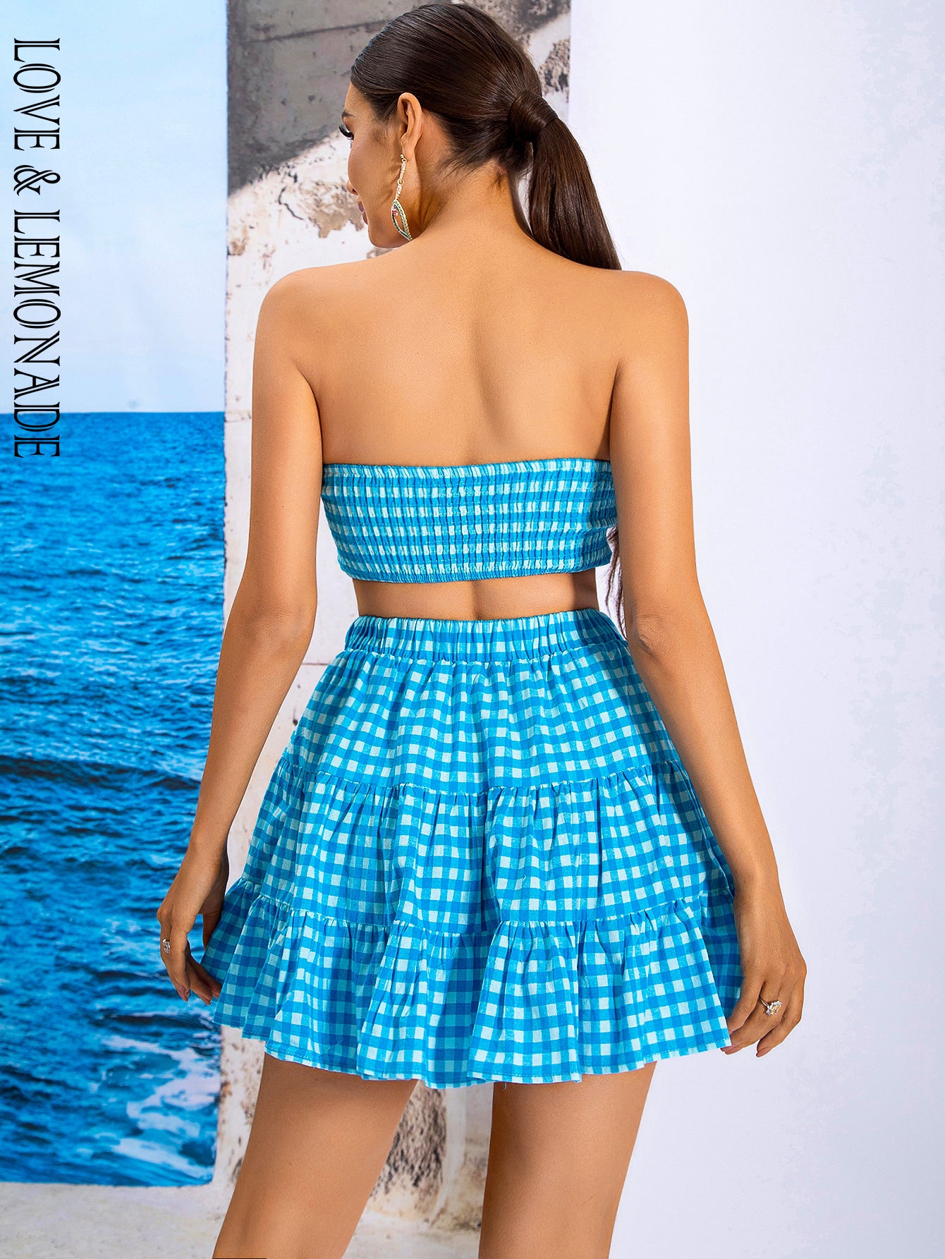 LOVE&amp;LEMONADE Sexy Blue Wrap Chest Open Back Plaid Party Mini Two-Piece Set WT/S03725-1 SKY BLUE