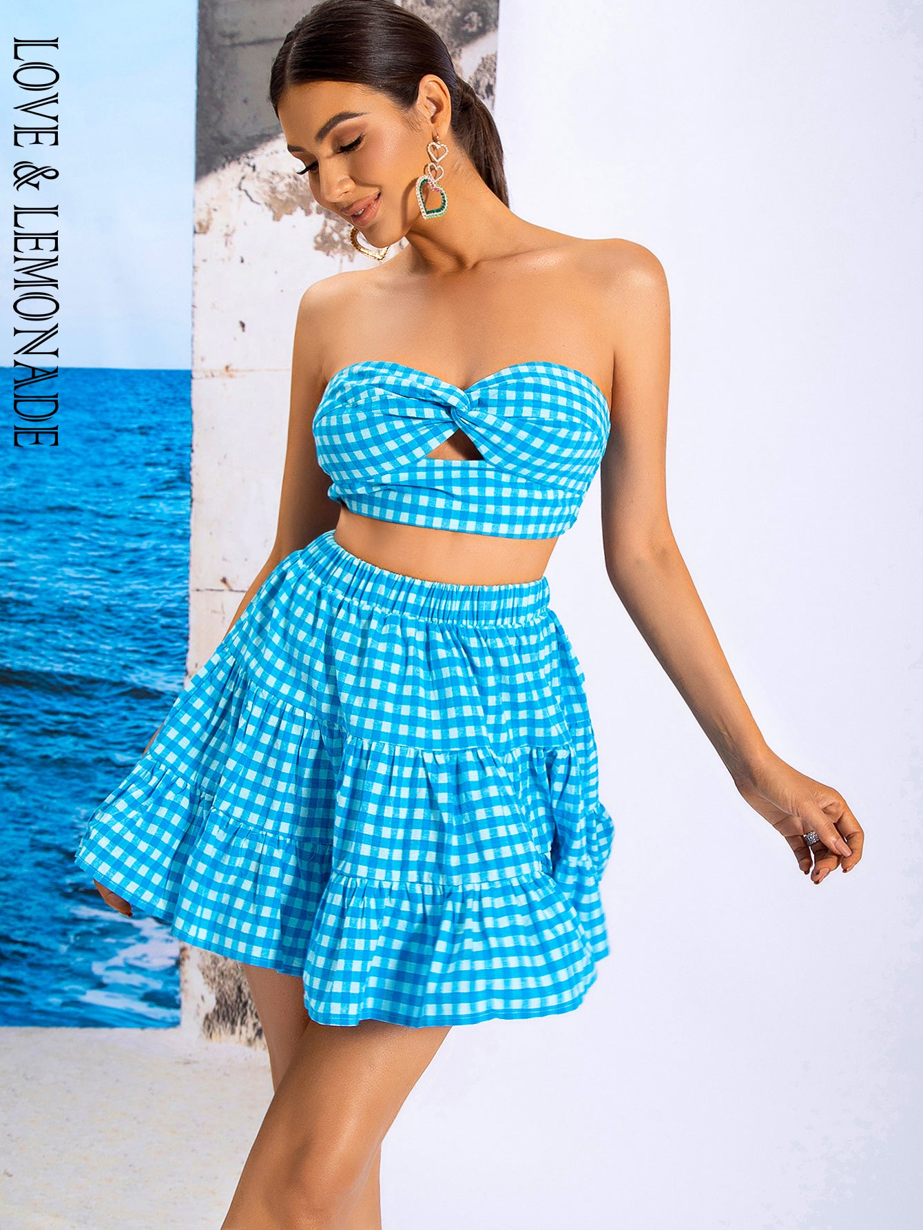 LOVE&amp;LEMONADE Sexy Blue Wrap Chest Open Back Plaid Party Mini Two-Piece Set WT/S03725-1 SKY BLUE