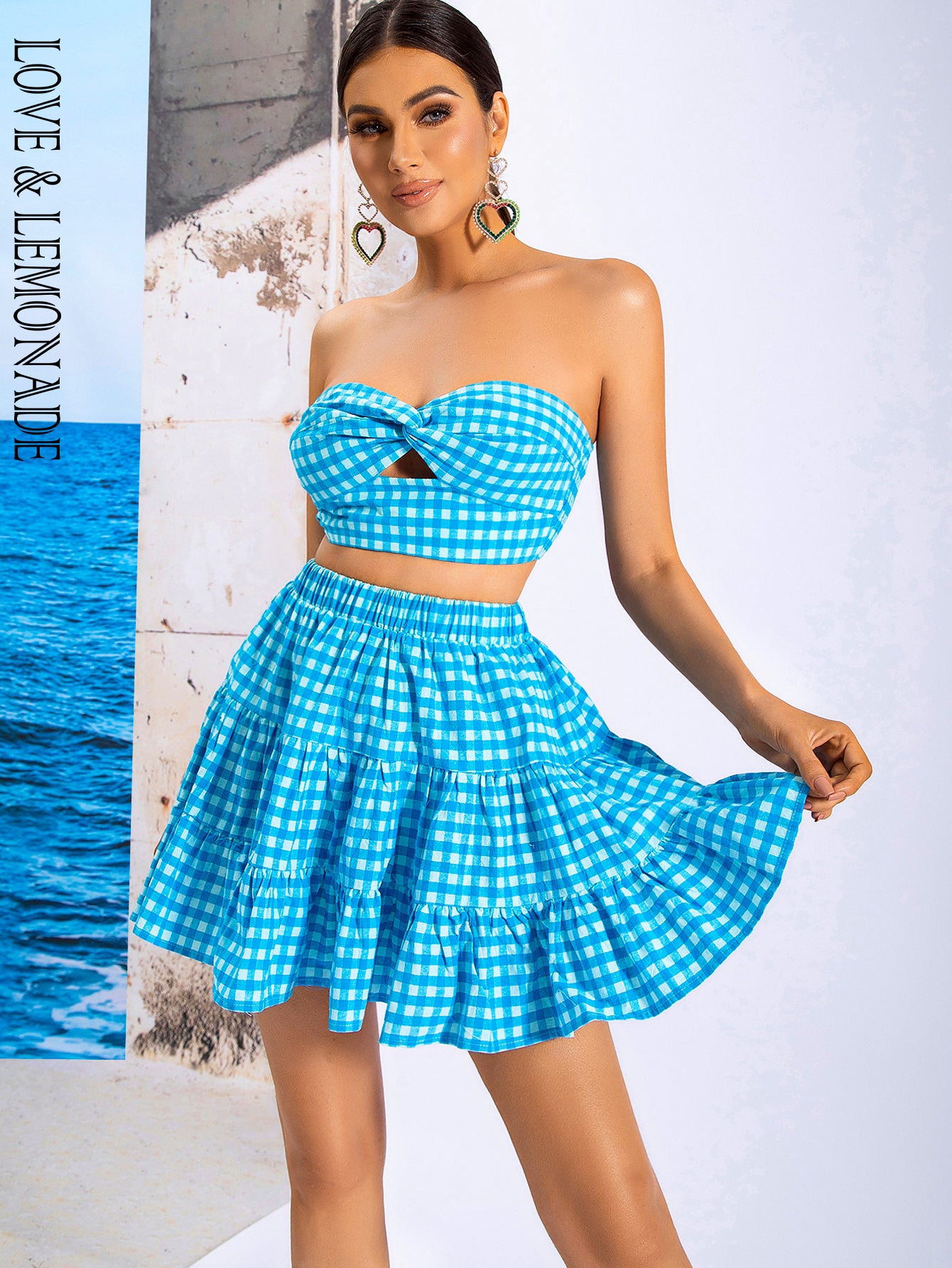 LOVE&amp;LEMONADE Sexy Blue Wrap Chest Open Back Plaid Party Mini Two-Piece Set WT/S03725-1 SKY BLUE