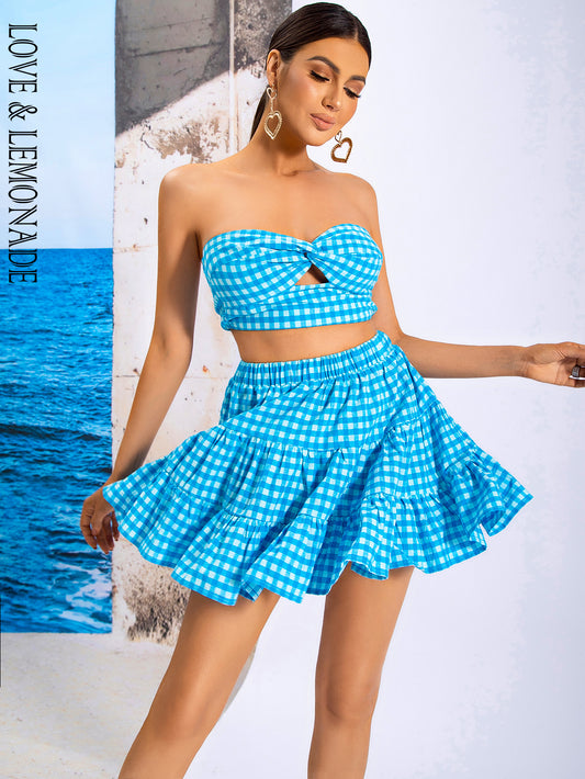 LOVE&amp;LEMONADE Sexy Blue Wrap Chest Open Back Plaid Party Mini Two-Piece Set WT/S03725-1 SKY BLUE