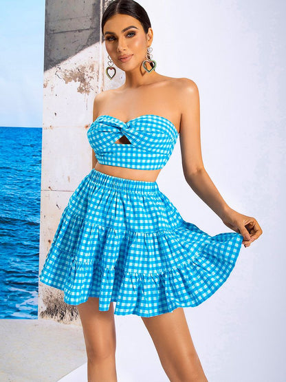 LOVE&amp;LEMONADE Sexy Blue Wrap Chest Open Back Plaid Party Mini Two-Piece Set WT/S03725-1 SKY BLUE