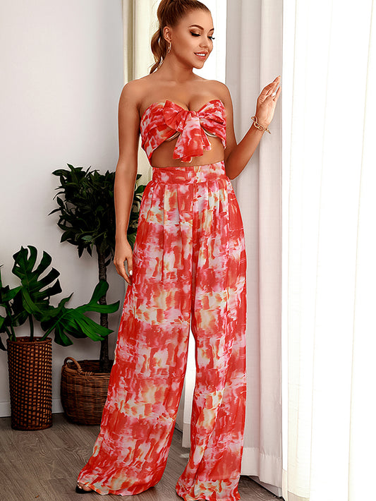 LOVE&amp;LEMONADE Sexy Changeable Long Belt High Waist Wide Leg Trousers Red Abstract Print Chiffon Set LM6473-7