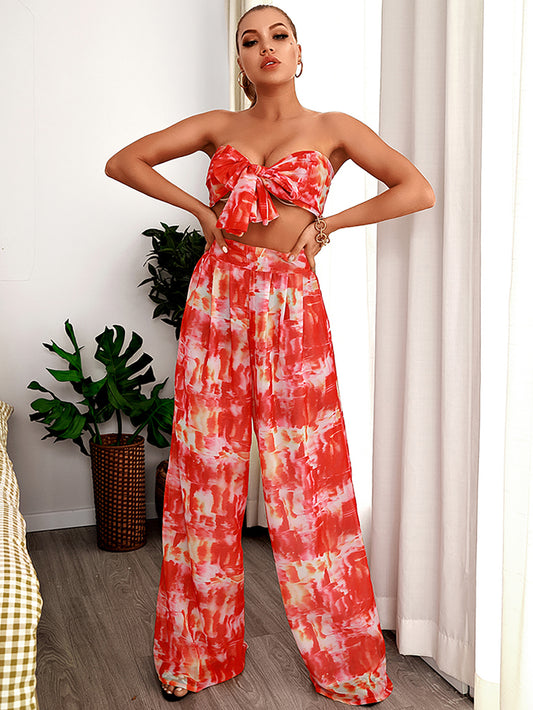 LOVE&amp;LEMONADE Sexy Changeable Long Belt High Waist Wide Leg Trousers Red Abstract Print Chiffon Set LM6473-7