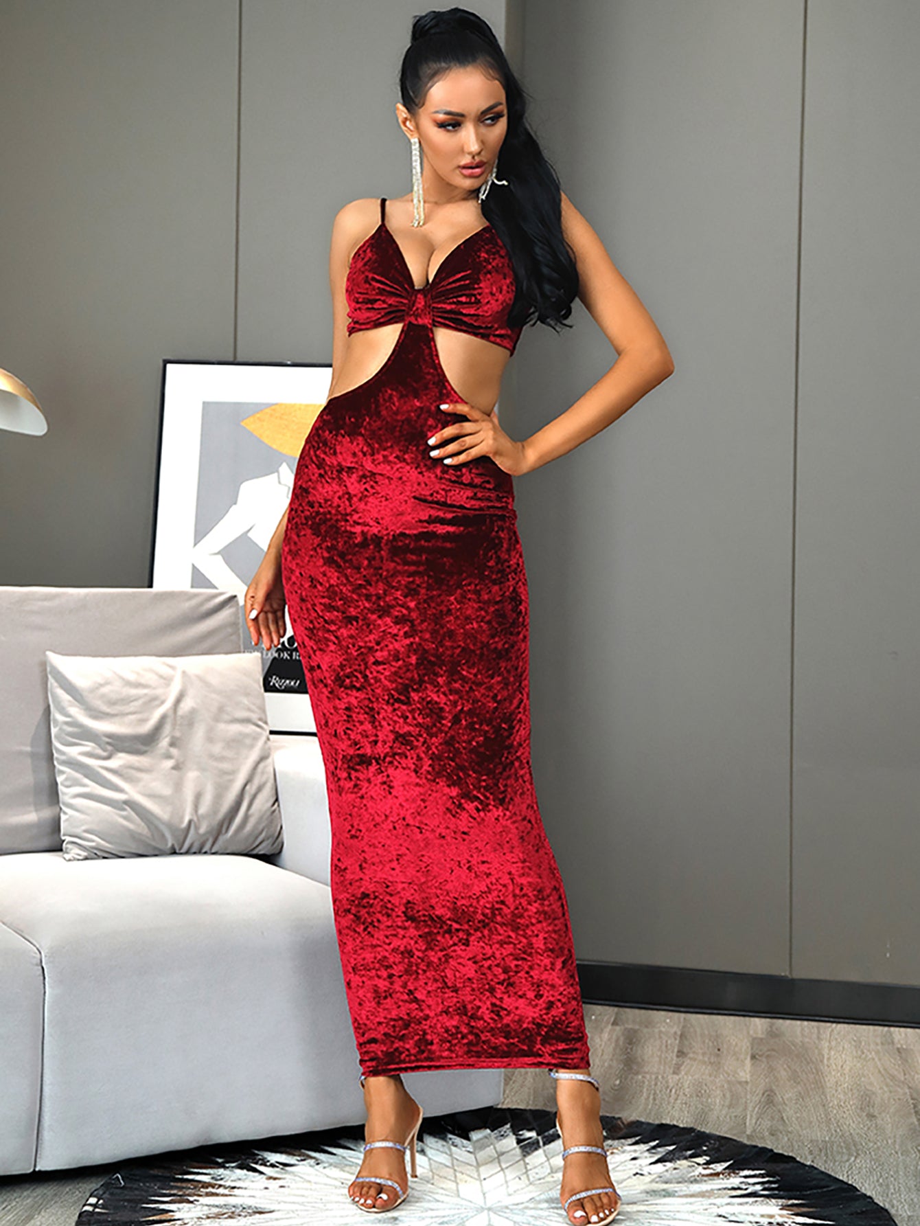 LOVE&amp;LEMONADE Sexy Crimson Cut Out Open Back Tube Top Bodycon Back Whit Split Maxi Dress LM82971