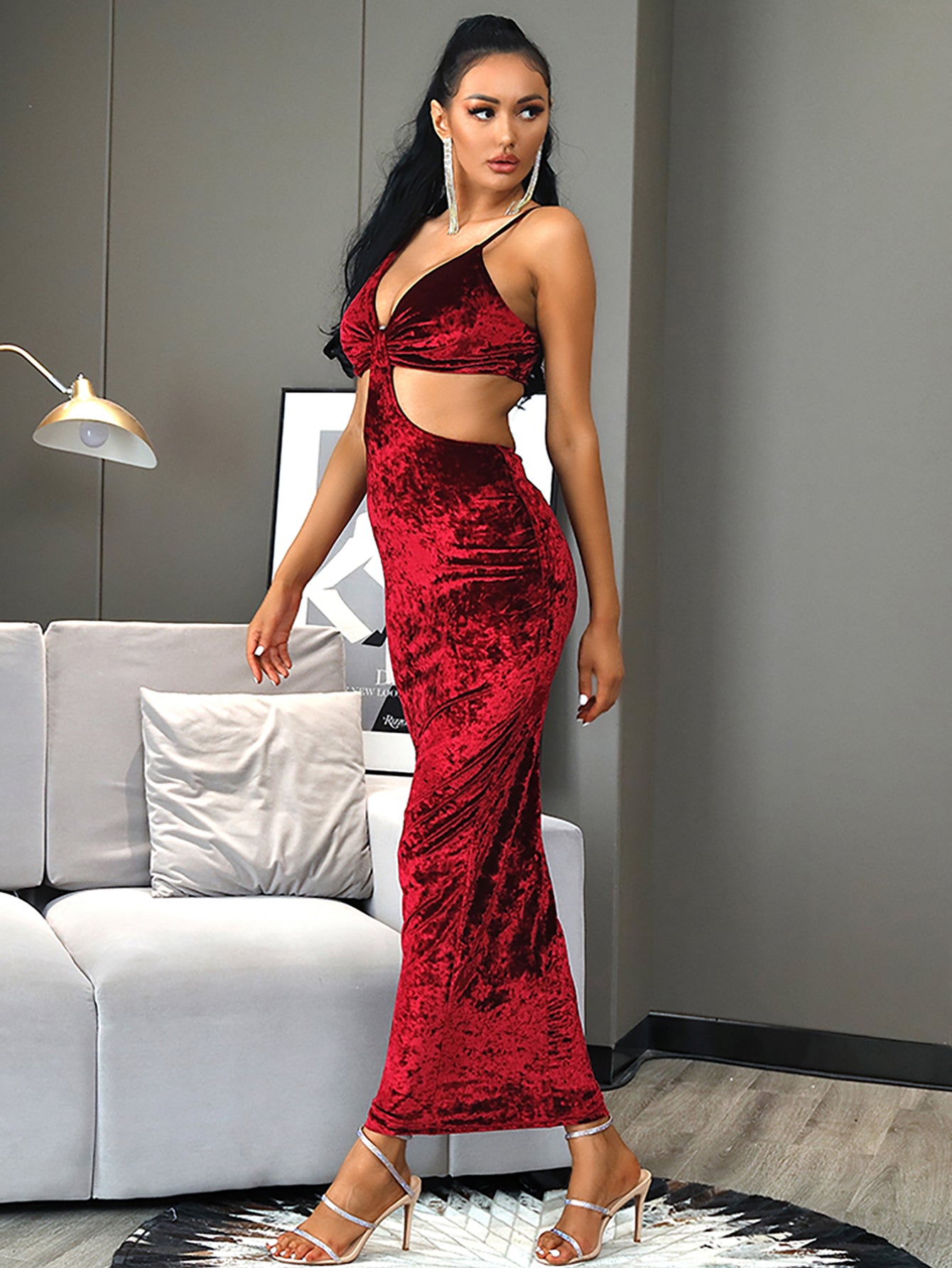 LOVE&amp;LEMONADE Sexy Crimson Cut Out Open Back Tube Top Bodycon Back Whit Split Maxi Dress LM82971