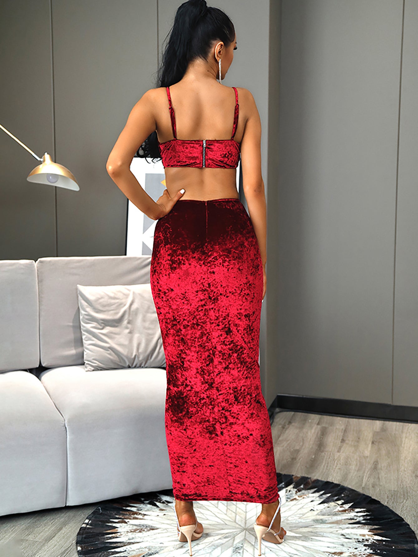 LOVE&amp;LEMONADE Sexy Crimson Cut Out Open Back Tube Top Bodycon Back Whit Split Maxi Dress LM82971