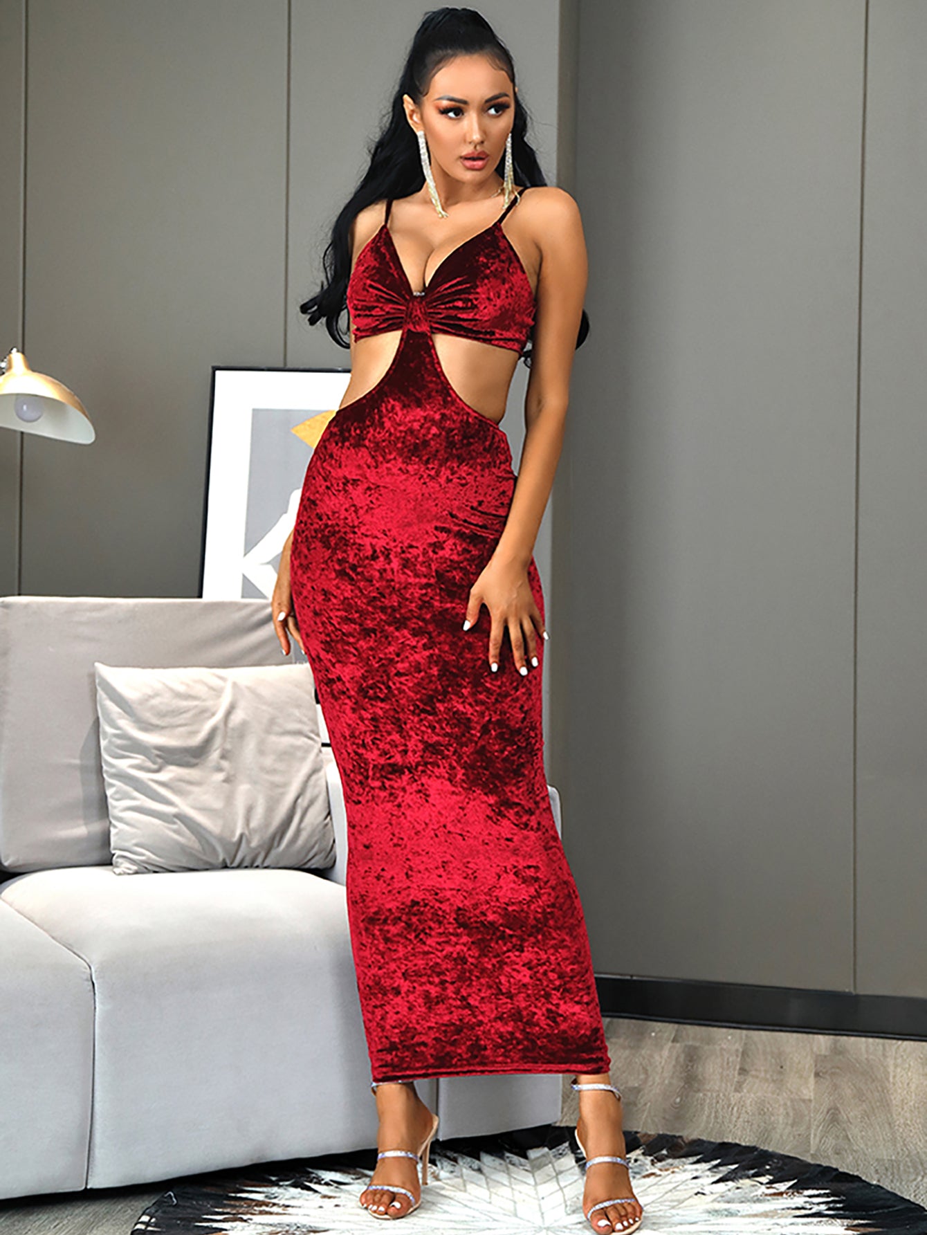 LOVE&amp;LEMONADE Sexy Crimson Cut Out Open Back Tube Top Bodycon Back Whit Split Maxi Dress LM82971