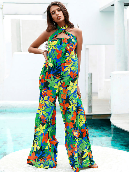 LOVE&amp;LEMONADE Sexy Cross Straps Tube Top Straight Shape Green Leaf Print Summer Beach Jumpsuit LM83449