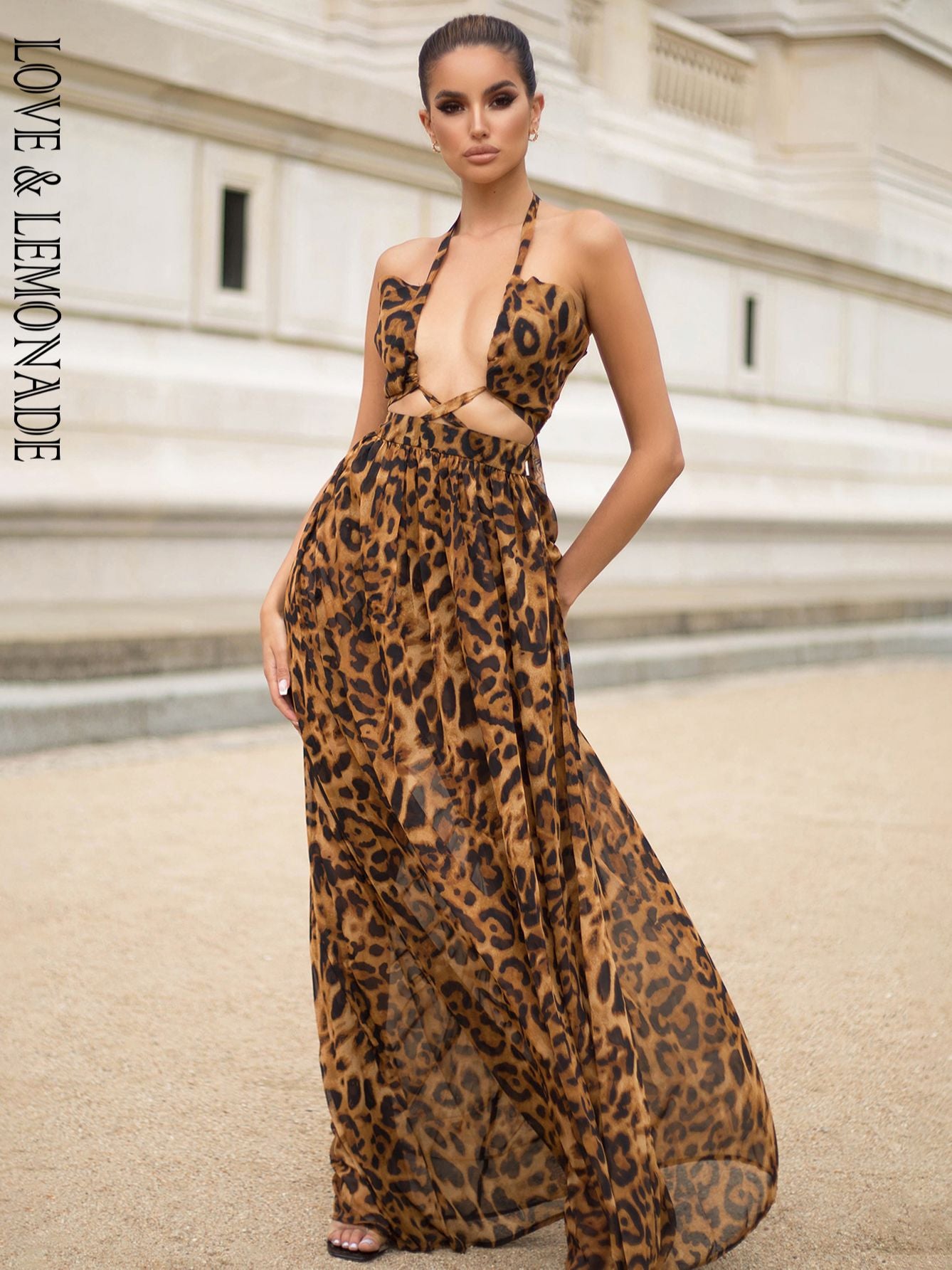 LOVE&amp;LEMONADE Sexy Cut Out Cross Straps Open Black Leaf Print Beach Summer Maxi Dress LM81811