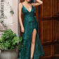 LOVE&amp;LEMONADE Sexy Deep Green Silver Elastic Sequins Whit Split Maxi Dress LM81222-6