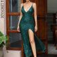 LOVE&amp;LEMONADE Sexy Deep Green Silver Elastic Sequins Whit Split Maxi Dress LM81222-6