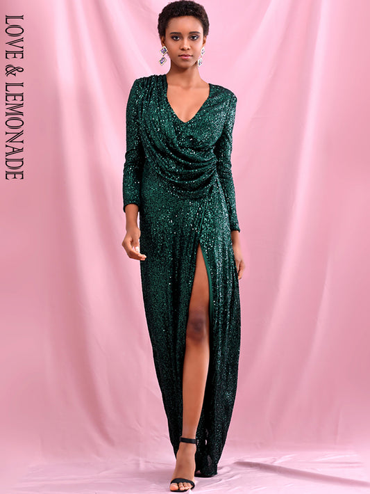 LOVE&amp;LEMONADE Sexy  Deep Green V-neck Draped Elastic Sequins Cross Open bodycon Long Sleeve Party Maxi Dress LM82188