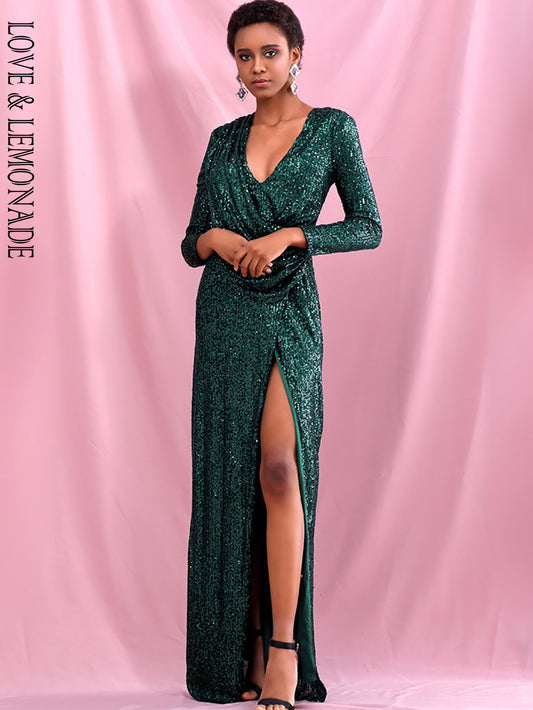 LOVE&amp;LEMONADE Sexy  Deep Green V-neck Draped Elastic Sequins Cross Open bodycon Long Sleeve Party Maxi Dress LM82188