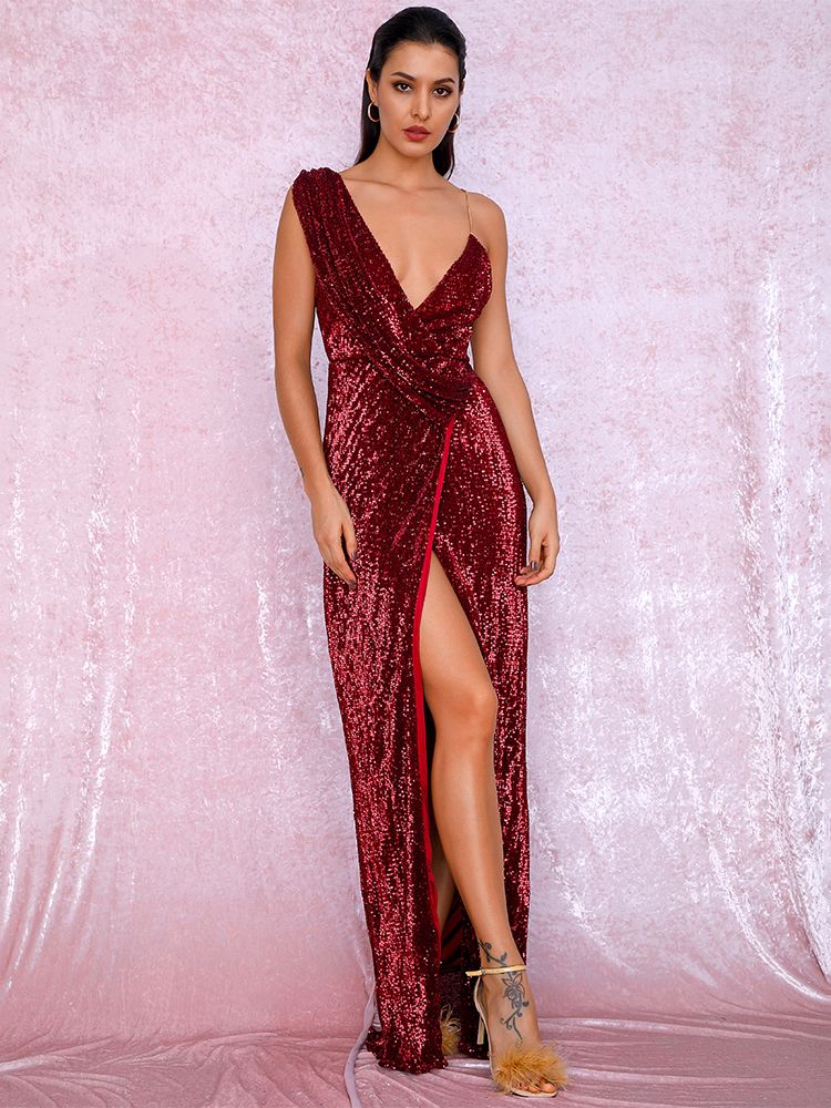 LOVE&amp;LEMONADE Sexy Deep Red Deep V-Neck Whit Split Sequins Party Maxi Dress LM81849