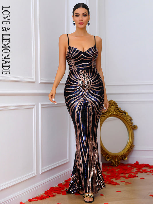 LOVE&amp;LEMONADE Sexy Deep V Neck Backless Black Square Geometric Sequin Skinny Party Long Dress LM83973