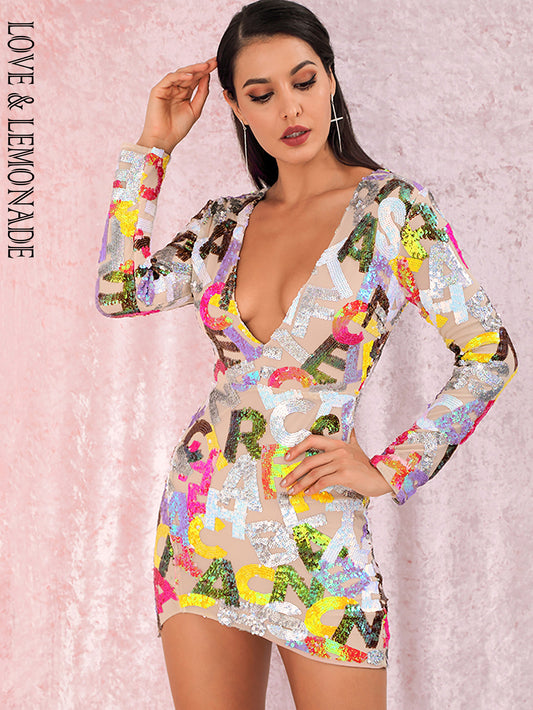 LOVE&amp;LEMONADE Sexy Deep V-Neck Cut Out Letter Sequins Bodycon Long-sleeved Party Mini Dress LM82121