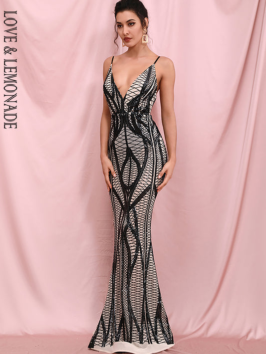 LOVE&amp;LEMONADE Sexy Deep V-Neck Open Back Bodycon Geometric Sequins Elastic  Going Out Maxi Dress LM82470