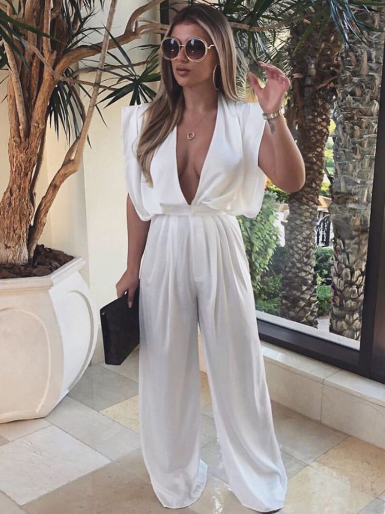 LOVE&amp;LEMONADE Sexy Deep V-Neck Open Back Loose Wide Leg Shape Jumpsuit LM82918