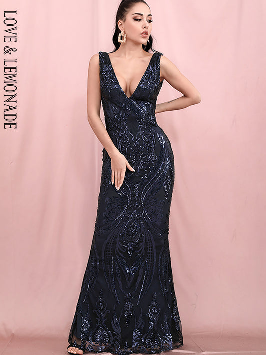 LOVE&amp;LEMONADE Sexy Deep V-Neck Open Back Navy Geometric Sequin Bodycon Fishtail Maxi Dress LM82483