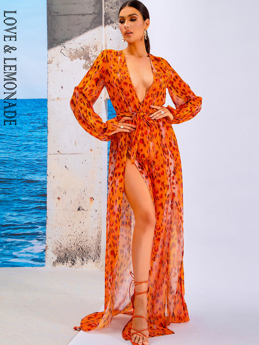 LOVE&amp;LEMONADE Sexy Deep V-Neck Orange Split A-Line Leopard Print Beach Perspective Long Skirt  LM83186-A