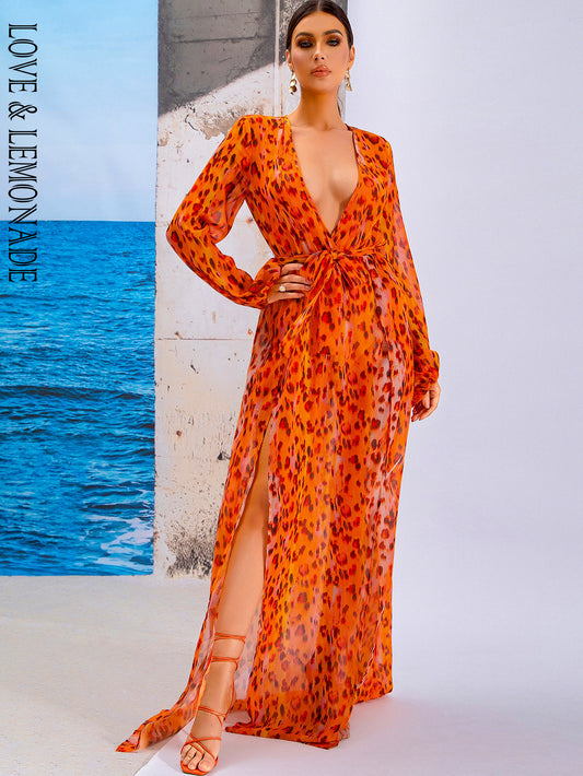 LOVE&amp;LEMONADE Sexy Deep V-Neck Orange Split A-Line Leopard Print Beach Perspective Long Skirt  LM83186-A