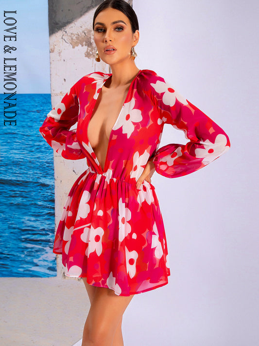 LOVE&amp;LEMONADE Sexy Deep V-Neck Red Chiffon Perspective Flower Long Sleeve Beach Mini Dress LM80428-MINI-C