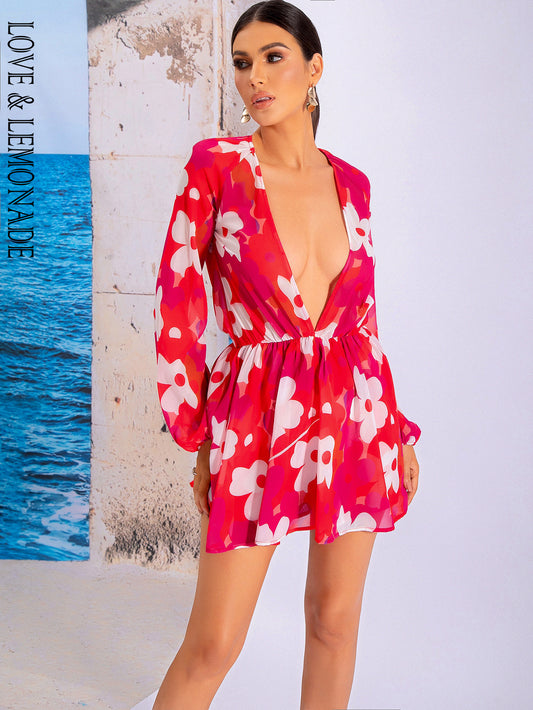 LOVE&amp;LEMONADE Sexy Deep V-Neck Red Chiffon Perspective Flower Long Sleeve Beach Mini Dress LM80428-MINI-C