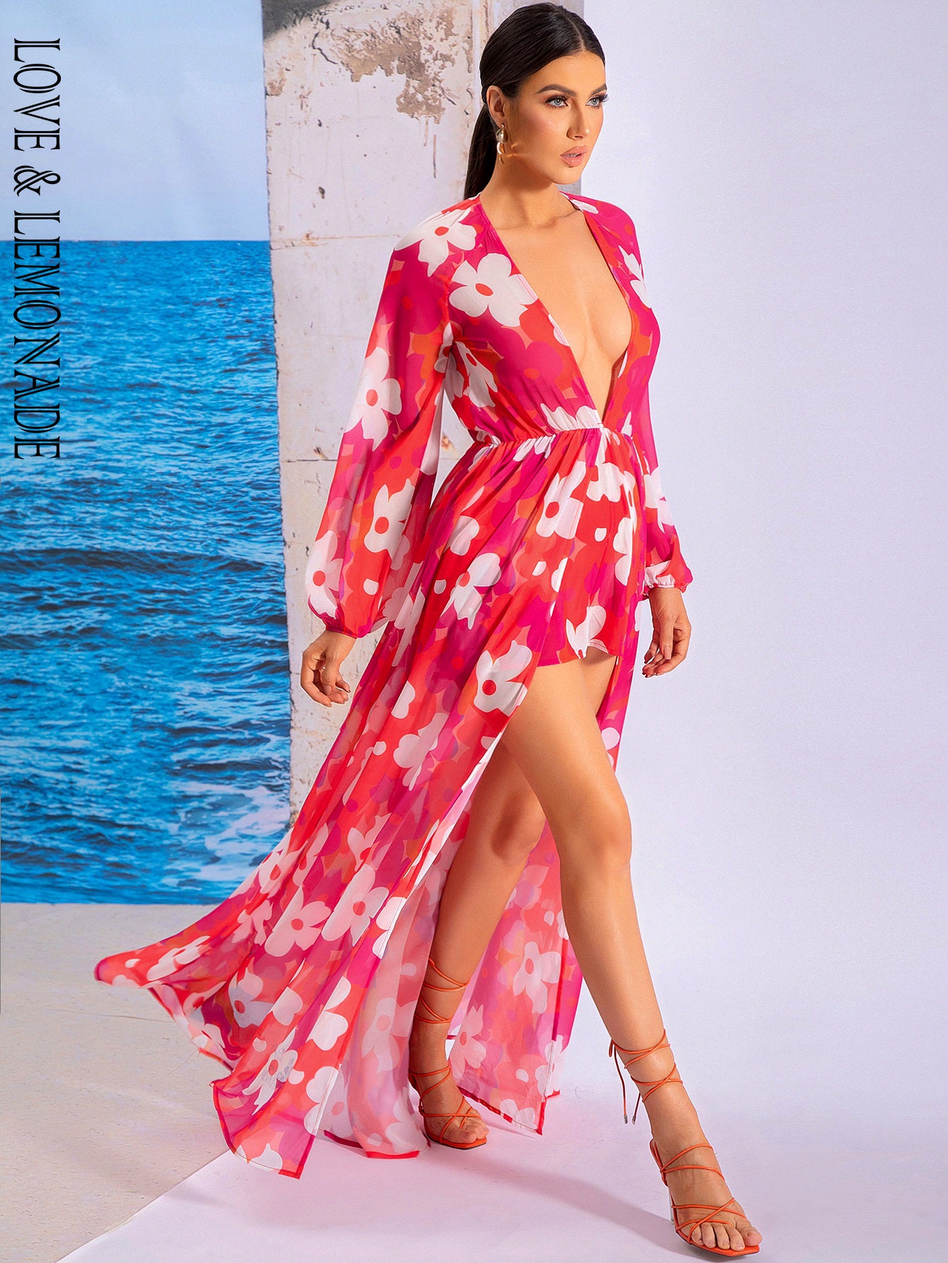 LOVE&amp;LEMONADE Sexy Deep V-Neck Red Printed Long Sleeve Party Dress LM80428-B