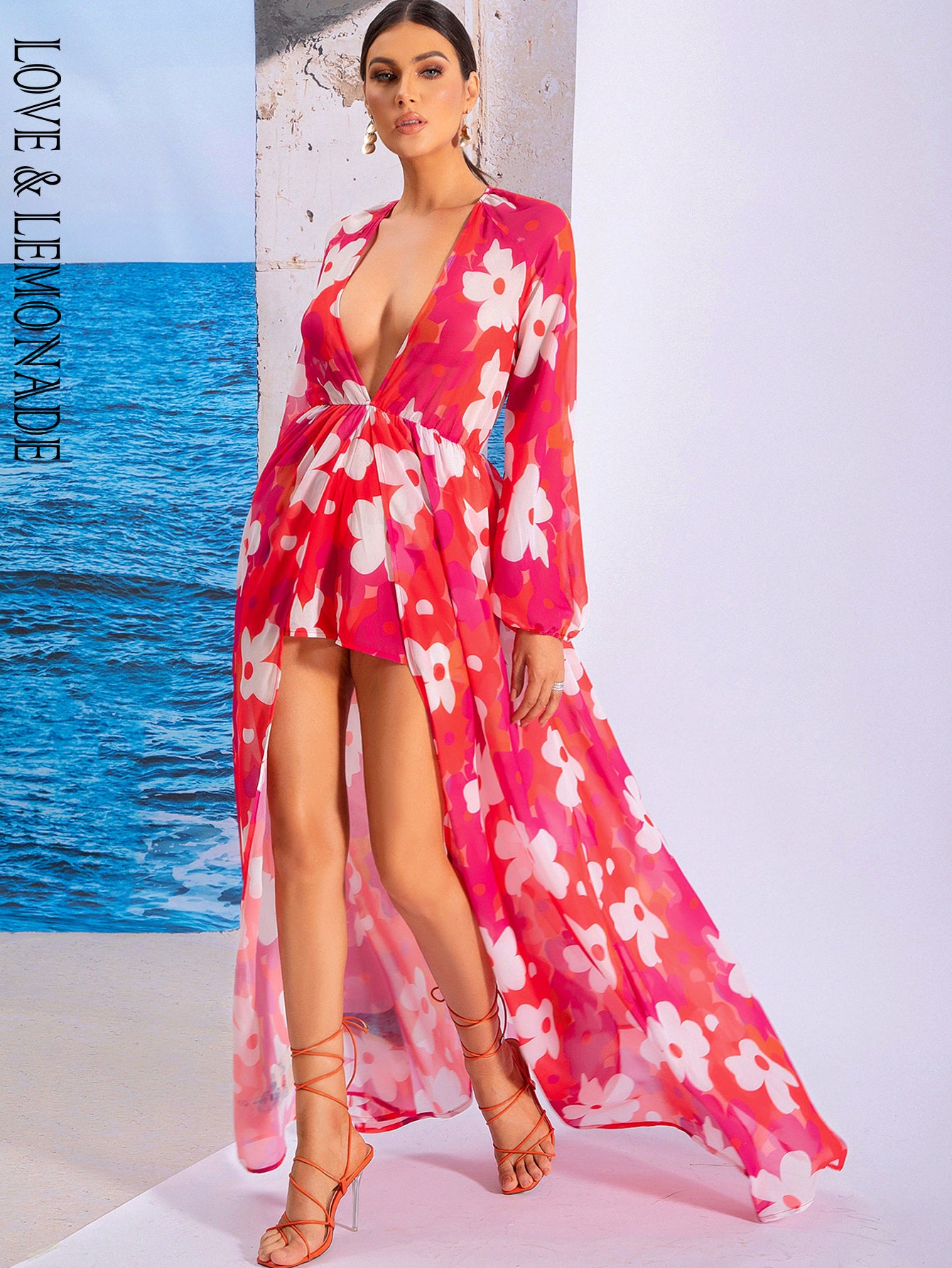 LOVE&amp;LEMONADE Sexy Deep V-Neck Red Printed Long Sleeve Party Dress LM80428-B