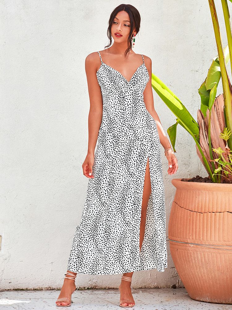 LOVE&amp;LEMONADE Sexy Deep V-Neck Red Scorpion Spotted Sleeveless Open Back Split A-Line Spring Mid-Length Dress LM83396