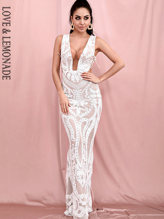 LOVE&amp;LEMONADE Sexy Deep V-Neck Side Cut Out Lace White Geometric Sequin Bodycon Dinner Party Maxi Dress LM82308