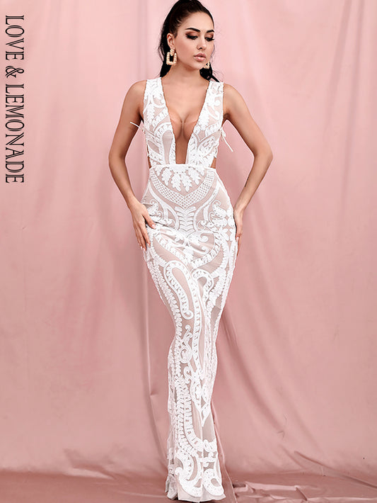 LOVE&amp;LEMONADE Sexy Deep V-Neck Side Cut Out Lace White Geometric Sequin Bodycon Dinner Party Maxi Dress LM82308