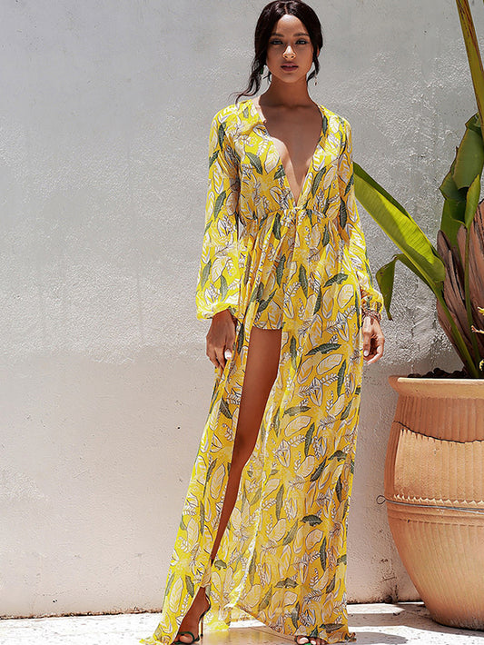 LOVE&amp;LEMONADE Sexy Deep V-Neck Yellow Chiffon Print Long Sleeve A-Line Beach Summer Maxi Dress LM80428-A