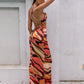 LOVE&amp;LEMONADE Sexy Drop Collar Open Back Cross Straps Orange Print Fit Maxi Dress LM83229-1