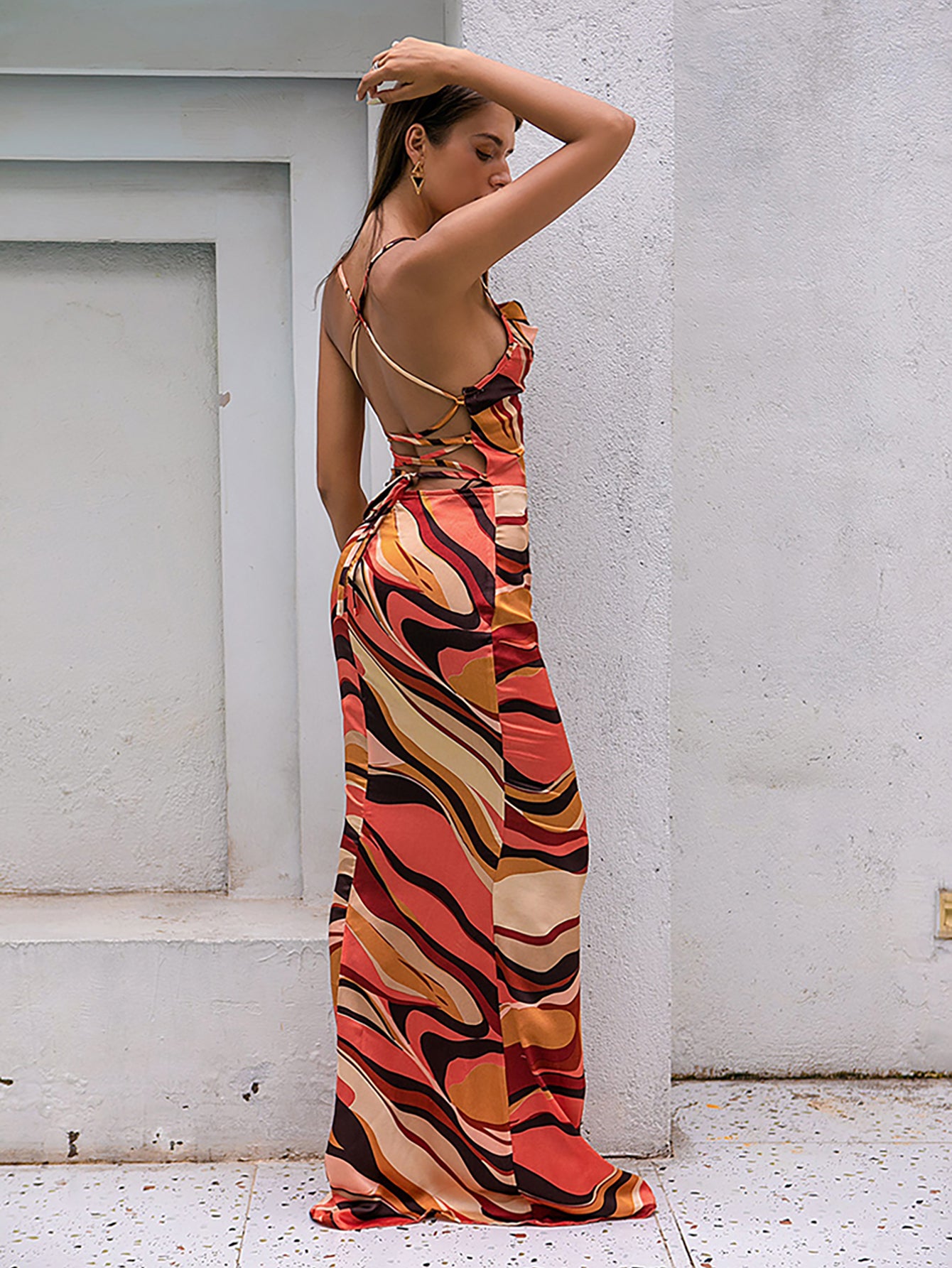 LOVE&amp;LEMONADE Sexy Drop Collar Open Back Cross Straps Orange Print Fit Maxi Dress LM83229-1