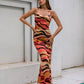 LOVE&amp;LEMONADE Sexy Drop Collar Open Back Cross Straps Orange Print Fit Maxi Dress LM83229-1
