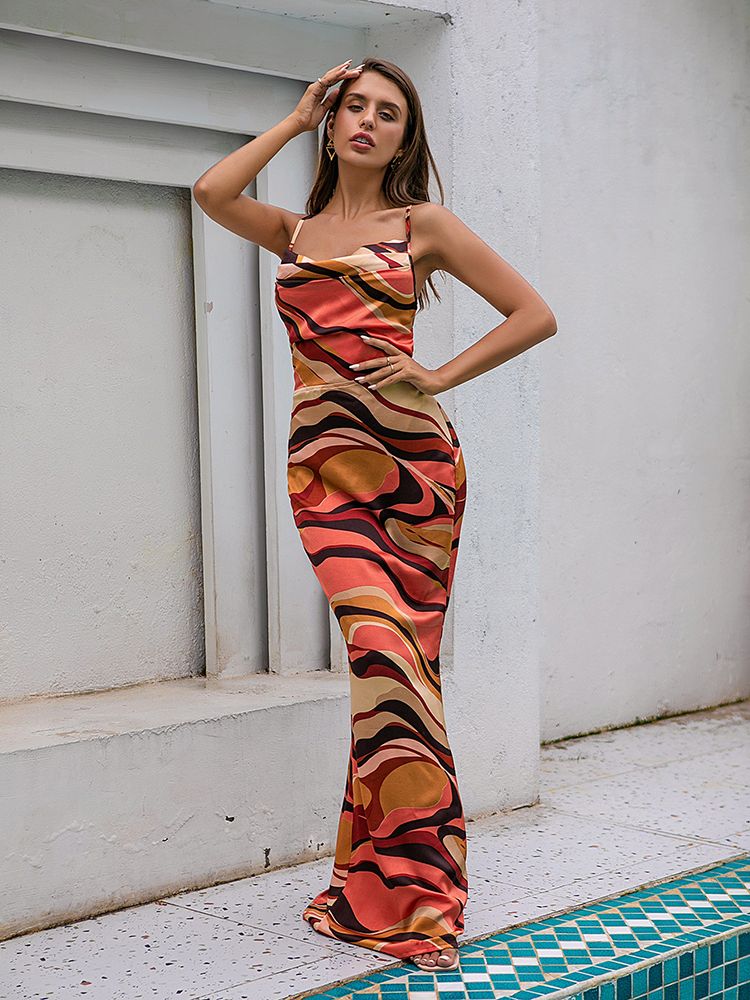 LOVE&amp;LEMONADE Sexy Drop Collar Open Back Cross Straps Orange Print Fit Maxi Dress LM83229-1