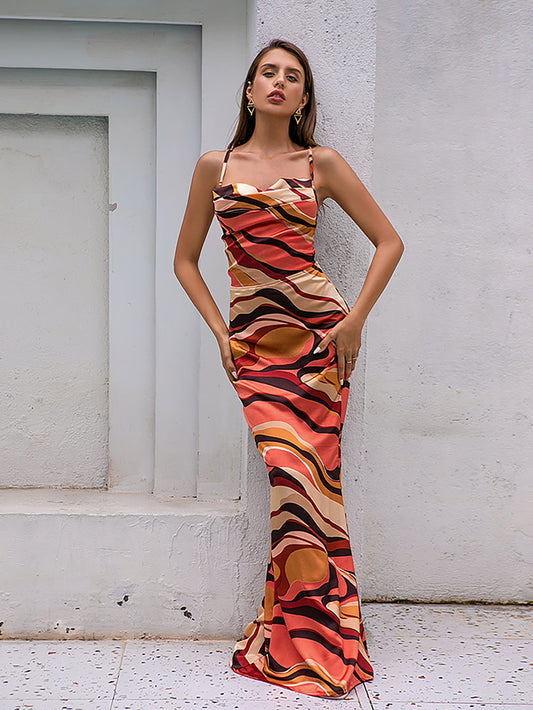 LOVE&amp;LEMONADE Sexy Drop Collar Open Back Cross Straps Orange Print Fit Maxi Dress LM83229-1