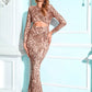 LOVE&amp;LEMONADE Sexy Gold Crew Neck Long Sleeve Sequined Geometric Cutout Party Maxi Dress LM83725