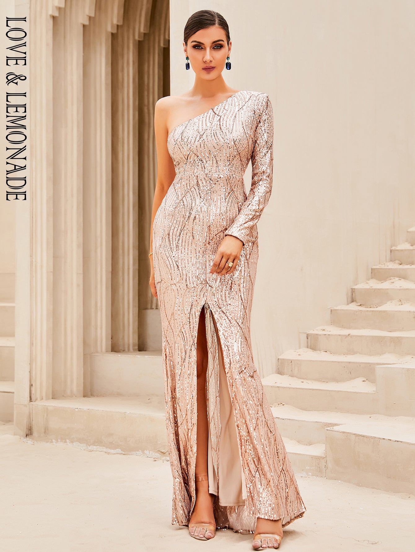 LOVE&amp;LEMONADE Sexy Gold One-Shoulder Open-Back Slit Sequin Skinny Party Maxi Dress LM84146-GOLD