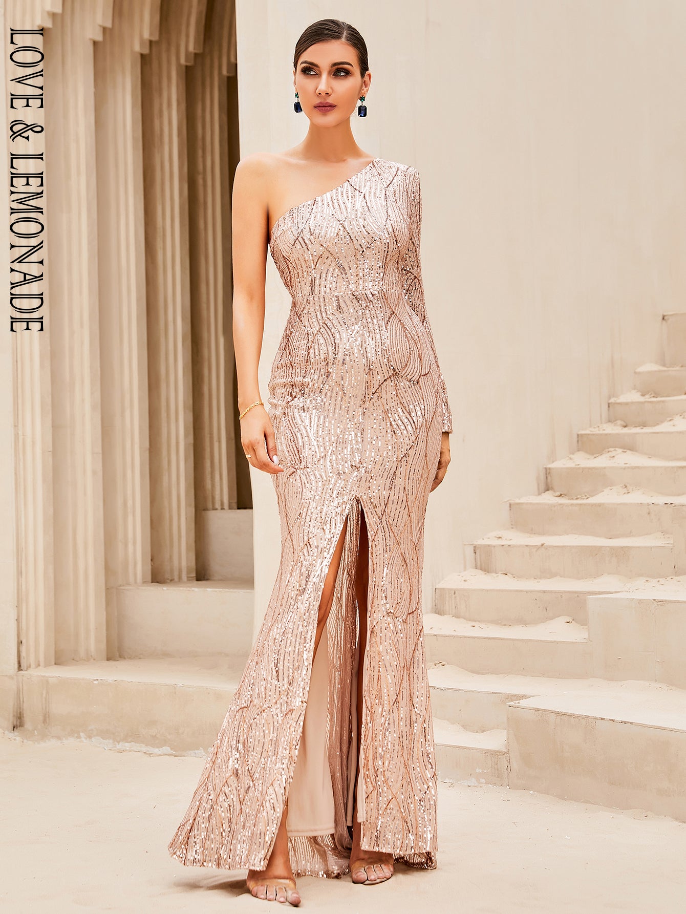 LOVE&amp;LEMONADE Sexy Gold One-Shoulder Open-Back Slit Sequin Skinny Party Maxi Dress LM84146-GOLD