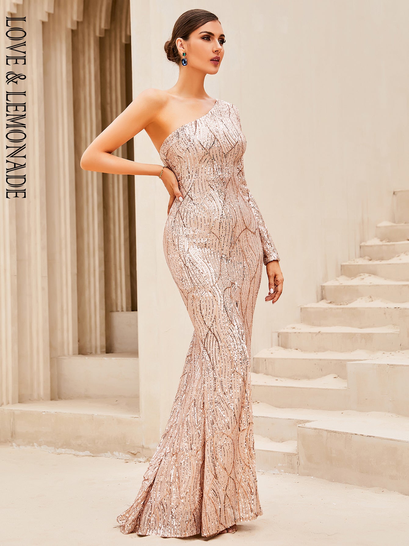 LOVE&amp;LEMONADE Sexy Gold One-Shoulder Open-Back Slit Sequin Skinny Party Maxi Dress LM84146-GOLD