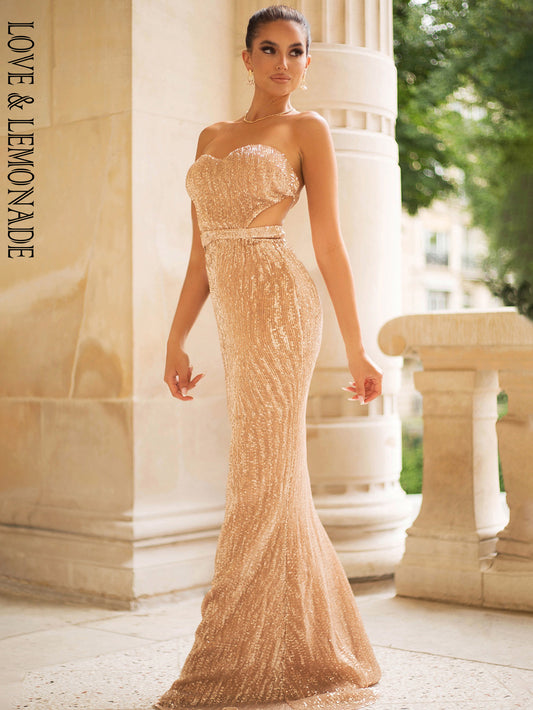 LOVE&amp;LEMONADE Sexy Gold Tube Top Cut Out Backless Bodycon Elastic Sequins Dinner Maxi Dress LM81335-1