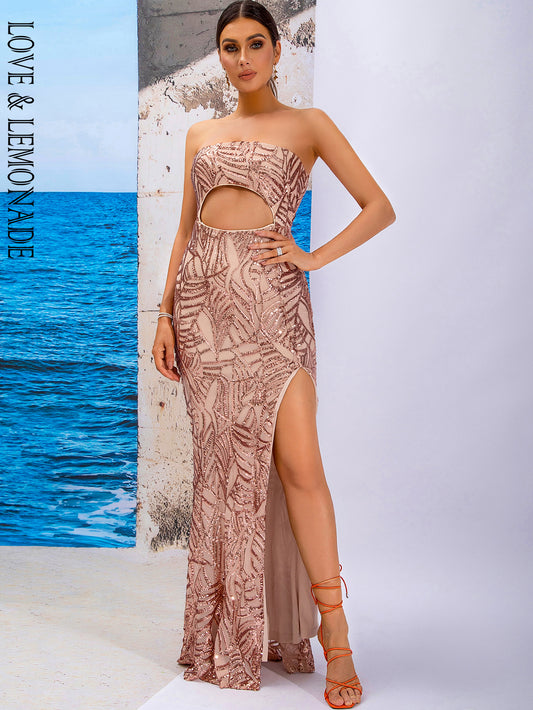 LOVE&amp;LEMONADE Sexy Gold Tube Top Hollow Fishtail Shape Elastic Split Sequin Material Long Dress LM83724-GOLD