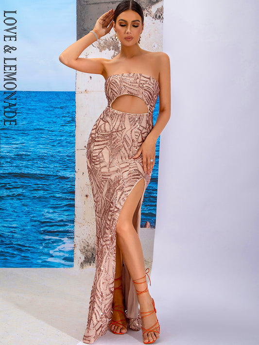 LOVE&amp;LEMONADE Sexy Gold Tube Top Hollow Fishtail Shape Elastic Split Sequin Material Long Dress LM83724-GOLD