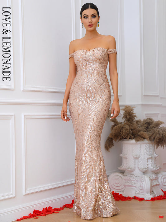 LOVE&amp;LEMONADE Sexy Gold Tube Top Sleeveless Geometric Fishtail Stretch Sequin Party Maxi Dress LM84150