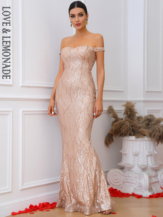 LOVE&amp;LEMONADE Sexy Gold Tube Top Sleeveless Geometric Fishtail Stretch Sequin Party Maxi Dress LM84150